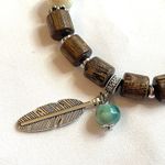 Olive Green Bracelet Silver Feather Charm Brown Turquoise Boho Ceramic Stretchy Photo 1