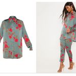 Pretty Little Thing 2 piece floral silk oversized blouse cigarette pants 2 & 0 Photo 3