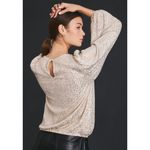 Anthropologie Flat White Sequin Long-Sleeve Top Size L Petite Keyhole Back Photo 3