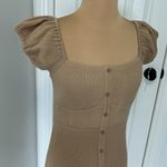 Line and Dot  Ribbed Puff Sleeve Off Shoulder Dress Tan Photo 3