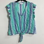 Bella Dahl Women's Tie Front V-neck Striped Top Size L Green White Blue Photo 0