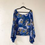 Free People  90’s Bell Sleeve Birds of Paradise Top in Blue Small Photo 2