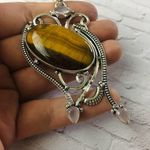 Tigers Eye Gemstone Silver Large Statement Pendant Silver Photo 3
