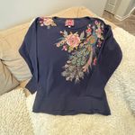 Johnny Was  Blue Waffle Knit Cotton L/S Top w/Floral & Peacock Embroidery PXL Photo 1