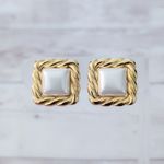 Vintage Clip On Earrings Retro Chunky Gold Tone & Cream Statement 7/8" Photo 0