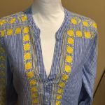 J.Crew  Womens Tunic SMALL Linen‎ Floral Embroidered V-Neck Striped Blue Yellow Photo 2