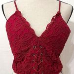 Red Lace Corset Crop Top – Zipper Back, Faux Leather Tie Photo 0