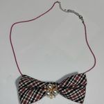 “Dainty Dapper” Plaid Bow Necklace with Pearl Accent Black Photo 0