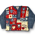 Vintage 90s Bright Red Blue Cardigan Round Neck Heart Floral Pattern Knit Large Photo 11