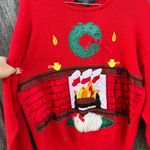 Vintage 90s Ugly Christmas Cozy Hearth Wreath Stockings Dog on Rug Sweater LARGE Red Photo 2
