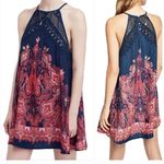 Free People Shea Printed Slip Mini Dress Crochet Blue Pink Intimately Photo 1
