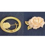 Vintage Resin Flower Brooches Gold Tone Rose Pins Bundle 80s 60s Costume Jewelry Pink Photo 2