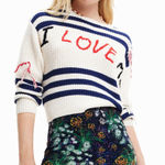 Desigual Blue and White Striped Chunky Knit Graphic Embroidered Sweater Photo 0
