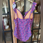 J.Crew NWT  One Piece Swimsuit ruffles open back floral purple vneck adjustable Photo 3