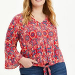 Torrid Plus Boho Slub Tie Front Bell Sleeve Blouse Red Pink Size 5X 28 Photo 0