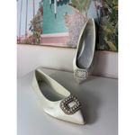 ASOS Ivory Satin Ballet Flats Rhinestone Pearl Buckle Pointed Toe Shoes Size 11 Photo 1