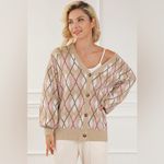 Very J Button Up Geometric Dropped Shoulder Argyle Cardigan Photo 2