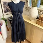 frame denim FRAME Women's Apothea Gathered Seam Lace Inset Dress Navy Linen Blend Size XS‎ Photo 4