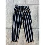 Mango  Basics Black White Stripe Paperbag Waist Tie Belt Cropped Pants Women's S Photo 2