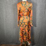 Fate Floral Satin Wrap Long Sleeve Orange Green Midi Small Dress Photo 7
