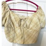 Yellow Plaid Cropped Top Puff Elastic Sleeve Elastic Back Size Large Photo 1