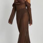 Meshki NWT  Brown SHEER Satin Trim Off the Shoulder Long Sleeve Maxi Dress Photo 0