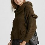 EXPRESS  Olive Brown Ruffle Cowl Neck Pullover Sweater Loose Knit Top Size Large Photo 6