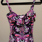 Paisley Patterned Pink Purple and Black Women's Tankini Bathing Suit Top Small Photo 0