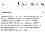 Lulus NWT  Sweetie Lavender Lace Dress Size XS Photo 14