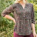 Matilda Jane Top Floral Ruffle Pleated Bib 3/4 Sleeves Split Neck Dark Grey Pink Photo 0