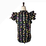 Banjanan Shirt Women XS Black Floral Onyx Ruffle Neck Cap Sleeve Klara Top NWT Photo 2
