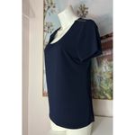 Carmen Marc Valvo  Navy Blue Zip Shoulder Short Sleeve Stretch Top Size Large Photo 4