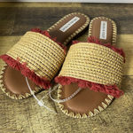 Chelsea and Violet  Slip On Flat Sandals Size 7M Woven‎ Boho Slides Tan Red Fringe Photo 0