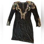 Laurence Kazar Vintage 80s Cocktail Party Black Gold Sequined Beaded Silk Dress Photo 1