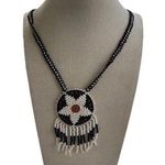 Vintage Native American Beaded Circle Medallion Leather Necklace Black Red 16” White Photo 0