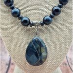 Artisan Black Glass Bead Collar Necklace Tigers Eye Faceted Teardrop Pendant Photo 1