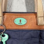 Fossil  Quilted Tote Bag Navy Blue Leather Trim Floral Accent Key Charm Photo 4