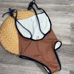 Solid & Striped Solid &‎ striped poppy tie strap one piece swimsuit in brown, black, and blue Photo 4