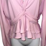 EXPRESS  Pink Twist Front Ruffle Peplum Long Sleeve V Neck Blouse NWT Medium Photo 3