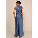 Lulus NWT  Distinctive Charm Slate Blue Satin Asymmetrical Maxi Dress Wedding 1X Photo 2
