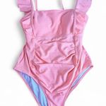 S Pink Ribbed Ruffle Tie Back One Piece Swimsuit Ruched High Cut Photo 0