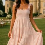 Quince Linen Smocked Maxi Dress Pink Ruffle Strap XL Cottagecore Parisian Garden Photo 0