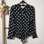 Popsugar  Black White Polka Dot V Neck Tie Front Long Sleeve Blouse Size Large Photo 1