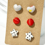 Polka dots & Heart Print Round Star & Heart Shape Fabric Stud Earrings 3 Pairs Red Photo 0