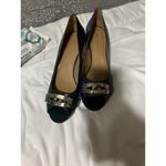 Nine West Women’s 9M Blue Leather Open Toe Wedge Heel Shoes/Buckle Detail Photo 5