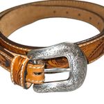Tony Lama  tan leather tooled belt with silver etched design buckle! New!! Photo 2