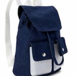 Mini denim bag pack backpack white straps drawstrings and front pockets Photo 0