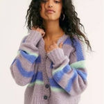 Free People  Fine Time Fuzzy Striped Knit‎ Boho Cardigan Sweater Bohemian Small Photo 0
