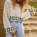 Sincerely Jules White Green Square Granny Knitted Cottagecore Crop Sweater XL Photo 0