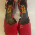 CF by Falchi Red Leather Shoes Size 10 Ankle Strap Square Toe 4” Block Heels Photo 0